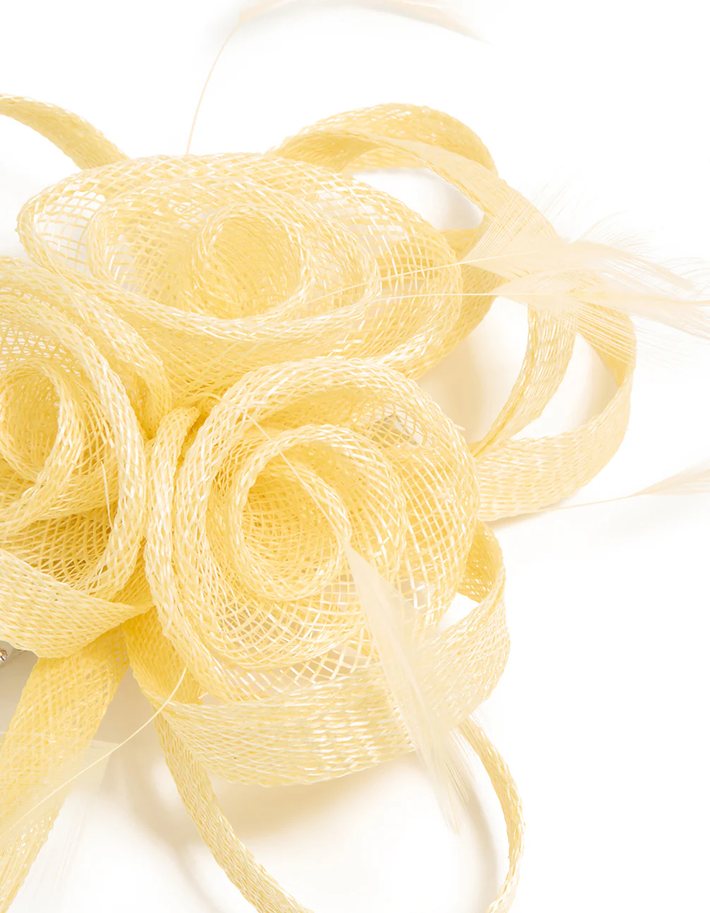 Yellow Sinamay Fabric Swirl & Feather Hair Clip - Image 2