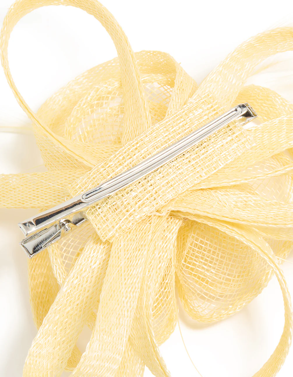 Yellow Sinamay Fabric Swirl & Feather Hair Clip - Image 3